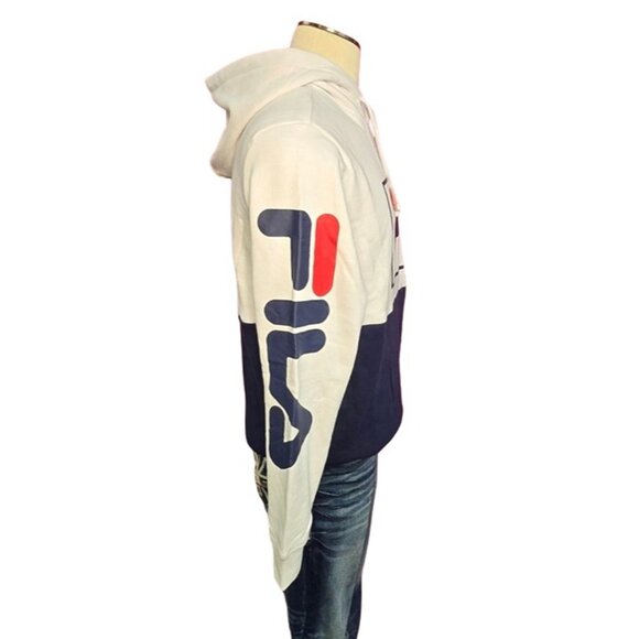 FILA Men’s Graphic Logo Hoodie – White/Navy Colorblock Pullover with Sleeve Prin - Picture 3 of 10